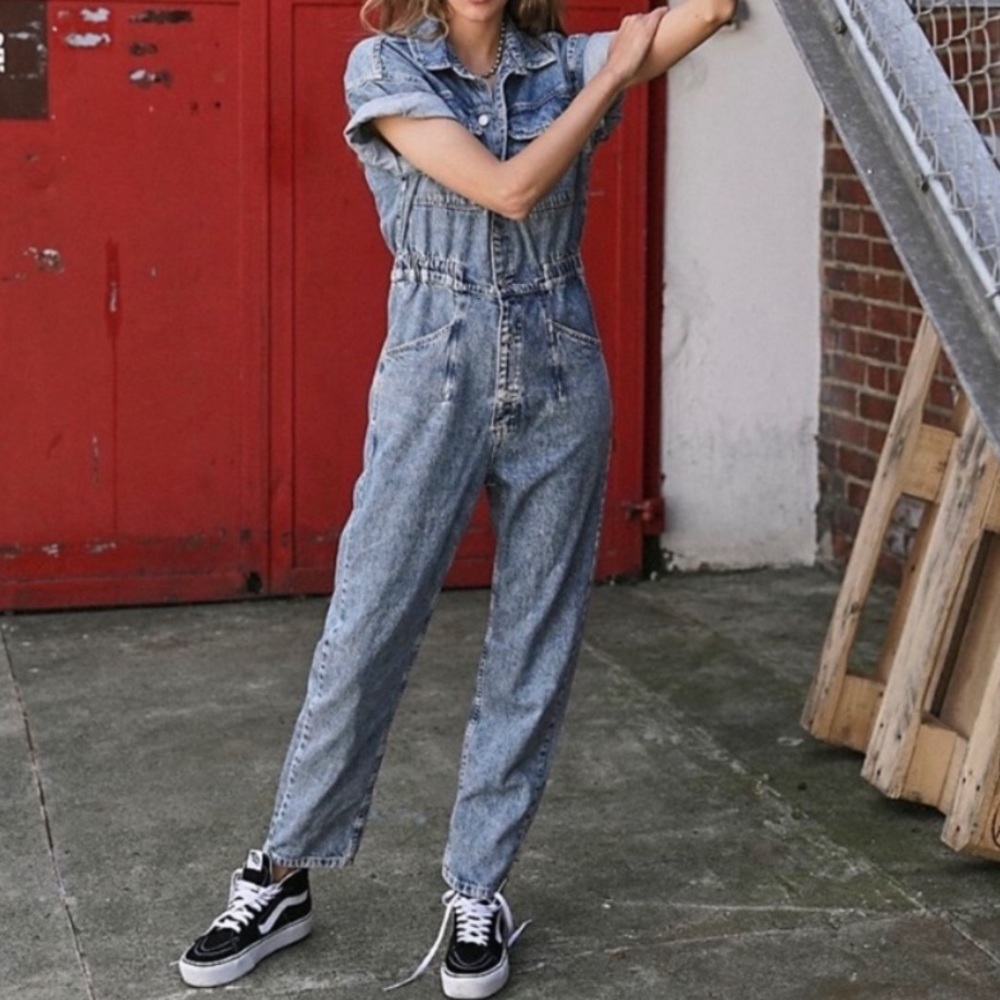 Free People Marci denim jumpsuit short sleeve oversized distressed small